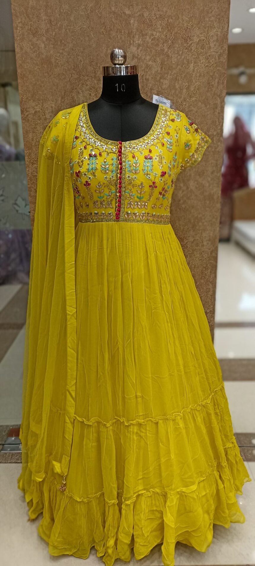 YELLOW COLOR CUT-DANA WORK RECEPTION GOWN.